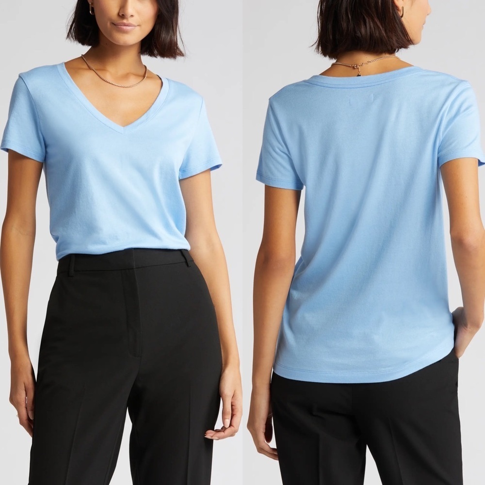 NEW Nordstrom Everyday V-Neck T-Shirt Blue Robbia Size XS 2022 Tee Draped Top